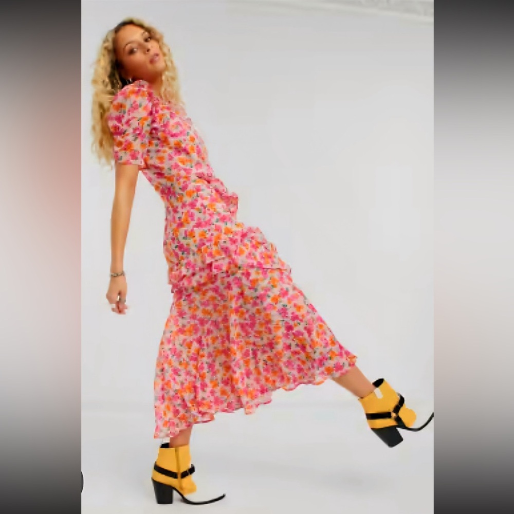 Topshop Floral Midi Maxi Ruffle Pink Orange Dress Easter Spring Sz 2